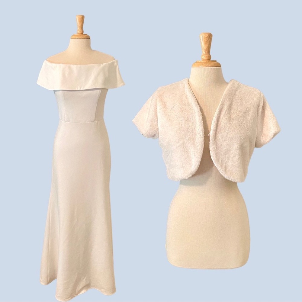Betsy & Adam Off Shoulder Ruffle Back Evening Gown and Jacket